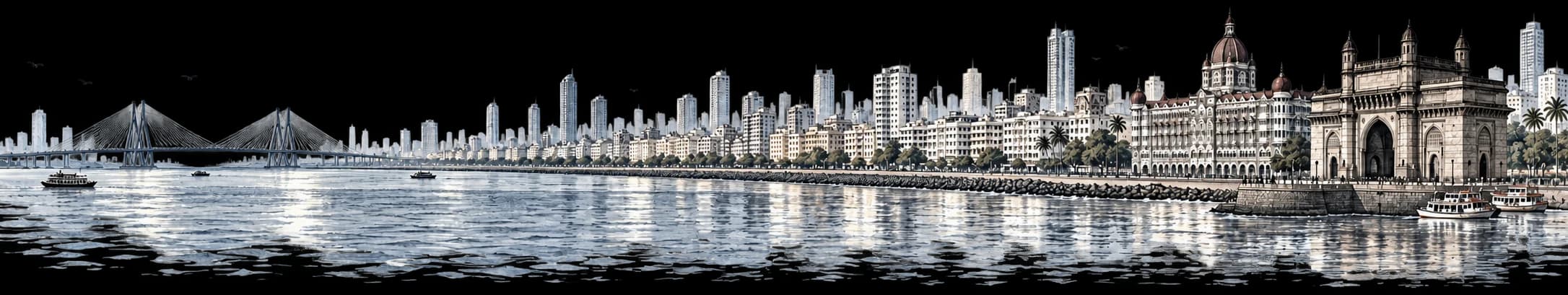 Illustration of Mumbai’s waterfront, from the Bandra–Worli Sea Link along Marine Drive to the Taj Mahal Palace and the Gateway of India